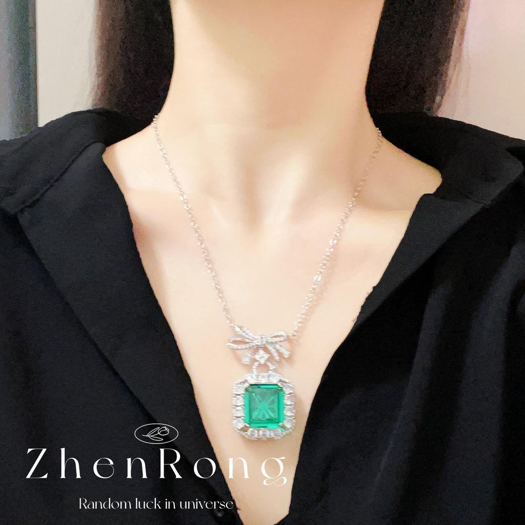 Light Luxury Niche Retro Premium Emerald Bow Pendant Necklace Sugar Cube Ring Colorful Treasure Stud Earrings Set