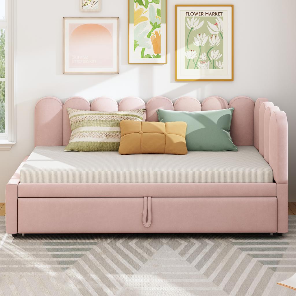 2-in-1 multifunctional sofa bed in L-shape (90/180 x 200 cm), velvet pink, space-saving design, can be used as a children's bed or guest bed.