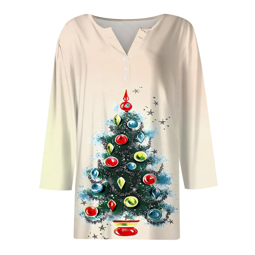 Женская мода повседневная рубашка с рукавом три четверти и рождественским принтом