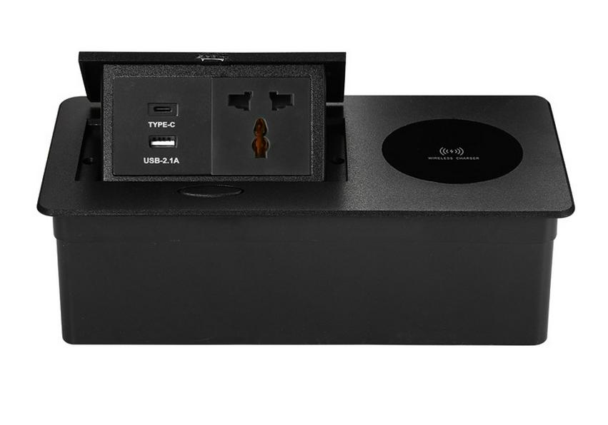 Скрытая настольная розетка с беспроводной зарядкой, USB-C и опциями питания (Стандарт ЕС и США)
