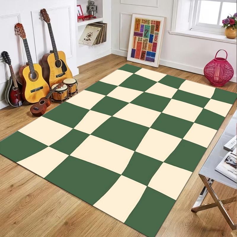 Area Rug Floor Carpet Mat Optical Illusion Wavy Checkerboard Print Non-Slip Washable in Brown Green Red for Modern Home Decor