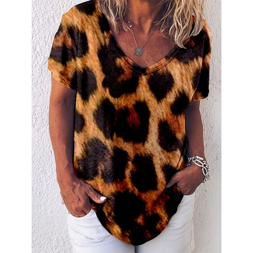 Leopard 3D Print T-shirt for Women Y2k Vintage Tops Harajuku Streetwear V-neck T-shirts Oversized Clothes for Women and Girl