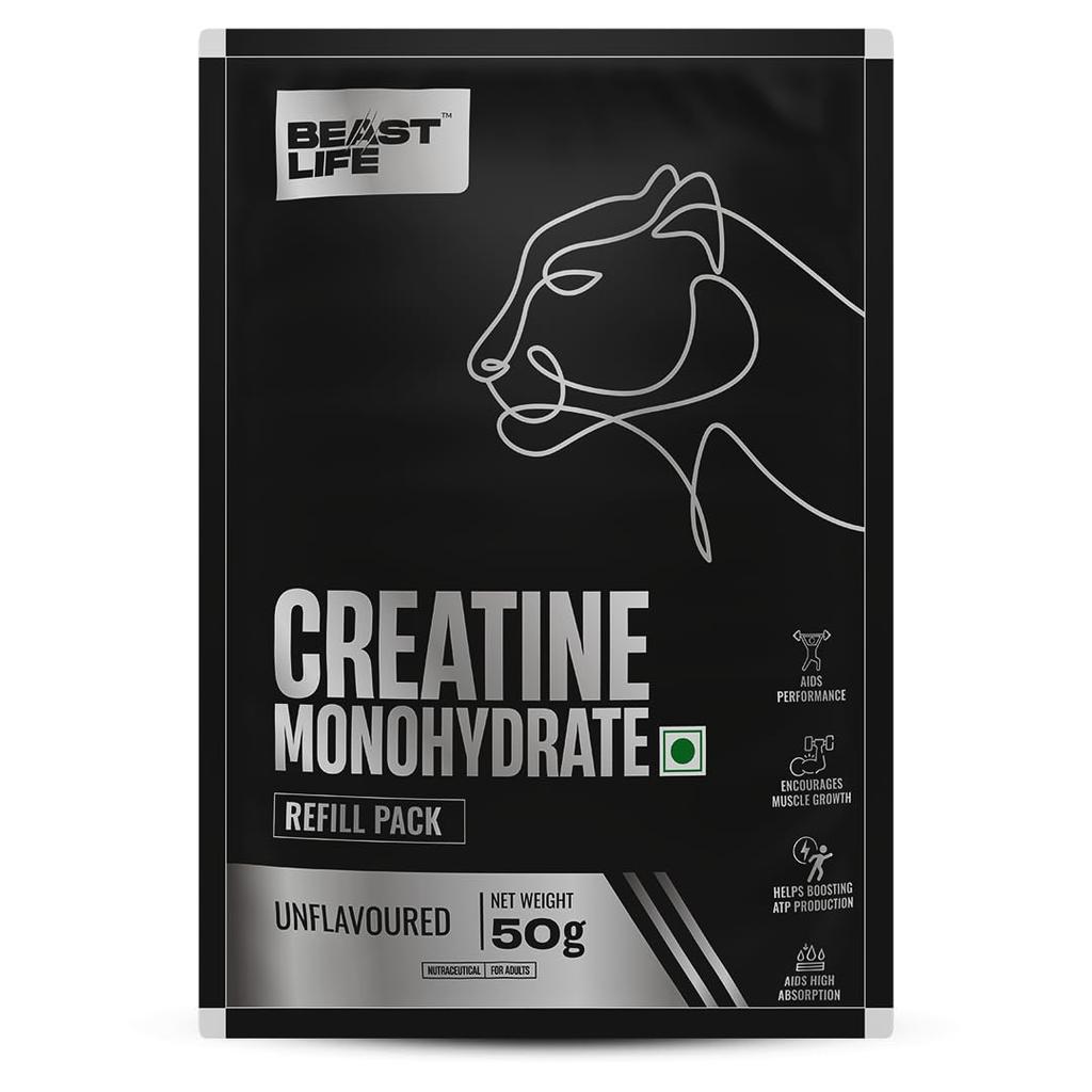 BEASTLIFE Супермикронизированный креатин моногидрат 50 г Повторная упаковка | 16 порций Порошок без вкуса | Протестировано в лаборатории NABL | Премиальное спортивное питание для St