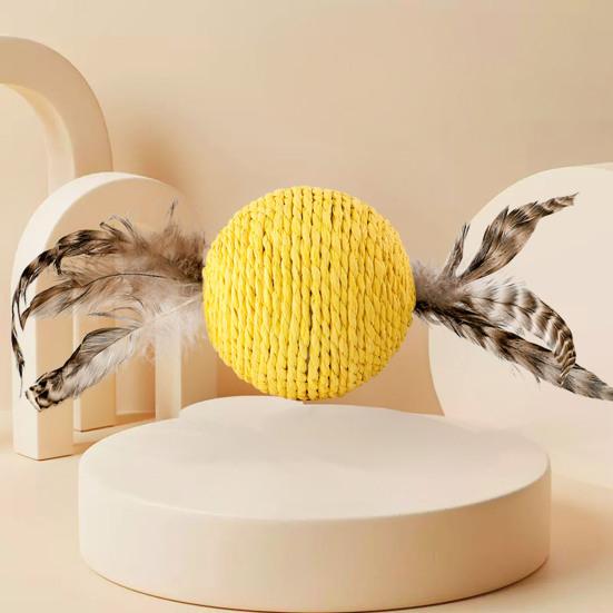 Cat Sisal Scratching Ball Toy Interactive Anti-Bite Sounding Toy Cat Scratcher Sisal Ball with Feather