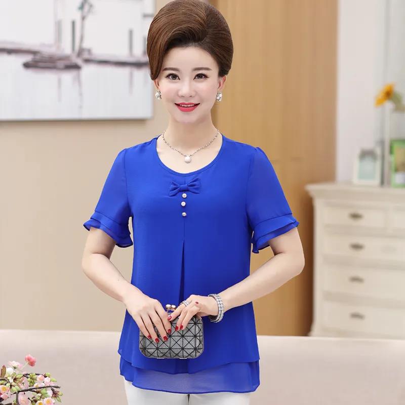 Летняя рубашка среднего возраста, женский топ, большая летняя женская свободная футболка среднего возраста, шифоновая рубашка с короткими рукавами