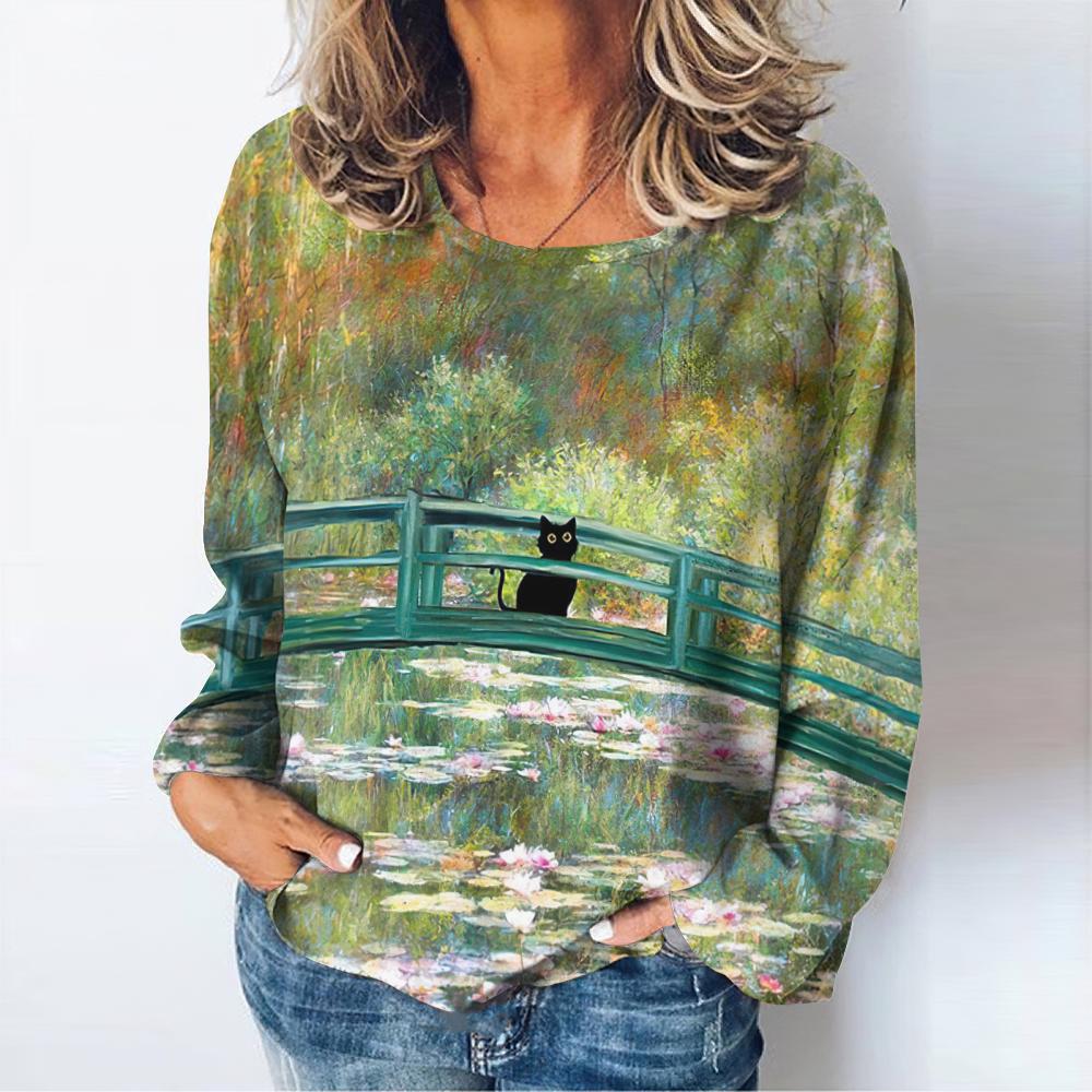 Harajuku Vintage женские футболки женская одежда цветы кошка принт длинные рукава футболка повседневный свободный топ пуловер осень / зима