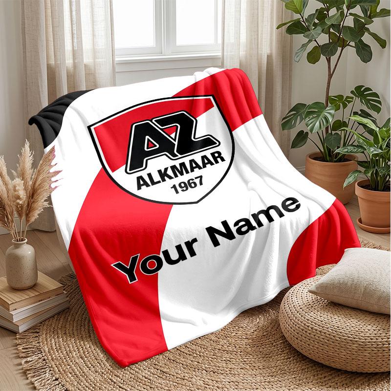 AZ Alkmaar Custom Name Text Flannel Blanket Soccer Logo Personalized Fleece Throw Blanket Special Gift For Sofa Bedroom Home