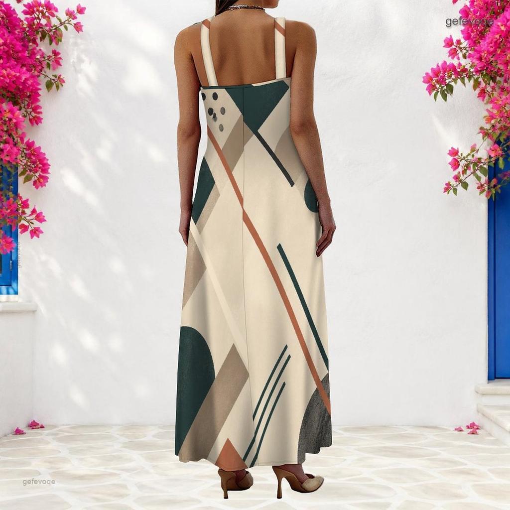 Women Plus Size Scoop Neck Strappy Sleeveless Abstract Geometric Printed A Line Long Dress