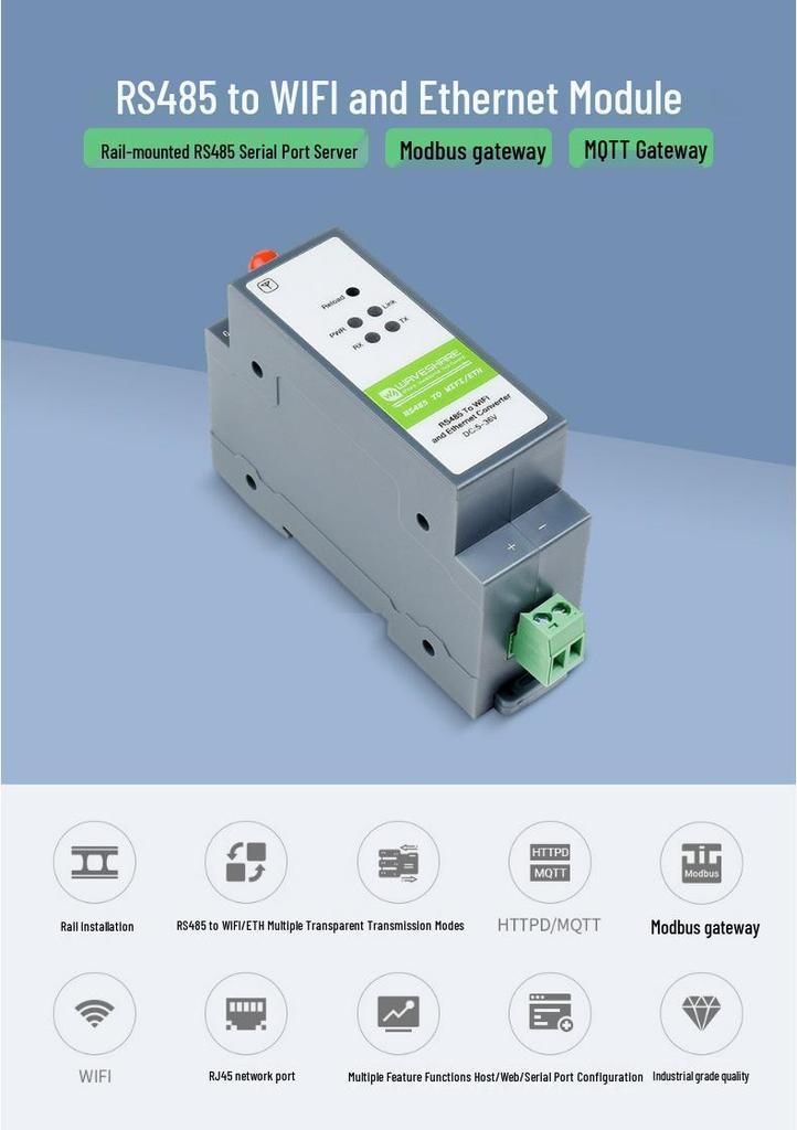 Weixue Rail Serial Server: RS485 to WiFi/Ethernet Modbus MQTT Gateway