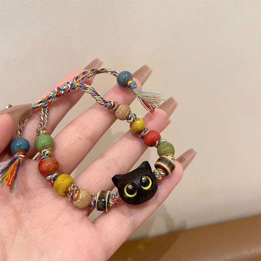 Skull Cat Black Cat Bracelet Colorful String Cartoon Hand Ring Cute Handmade Bead Bracelet  Gift