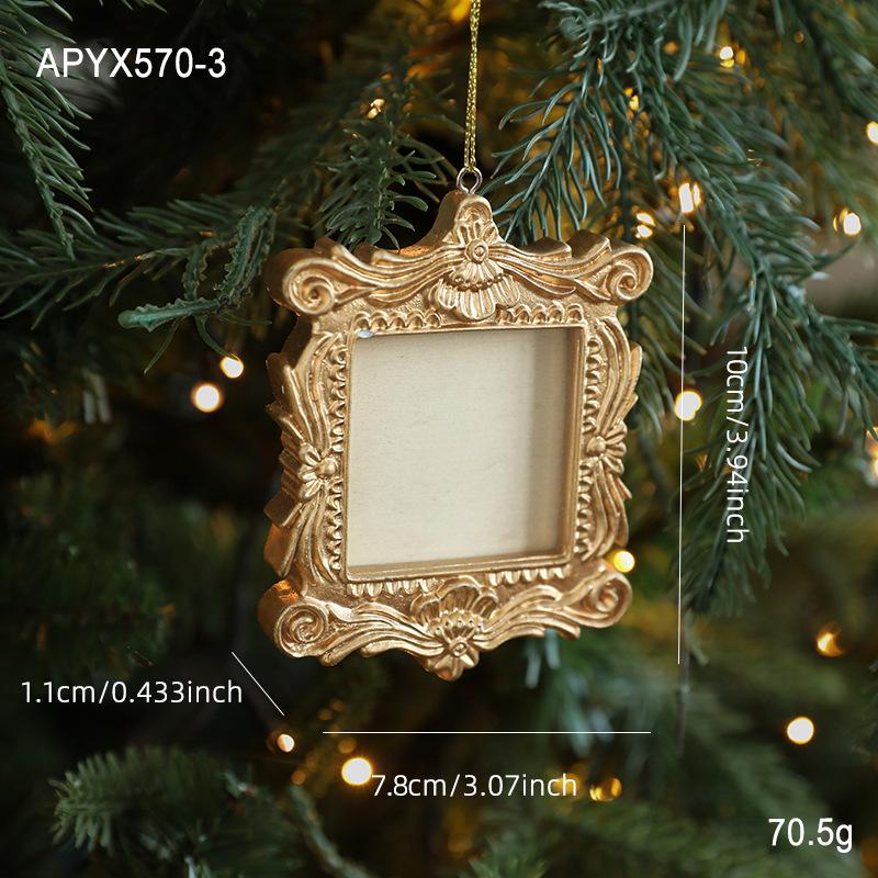 Resin Classic Baroque Frame Christmas Tree Pendant  Golden Square Oval Frame Christmas Hanging Decoration Home Ornaments