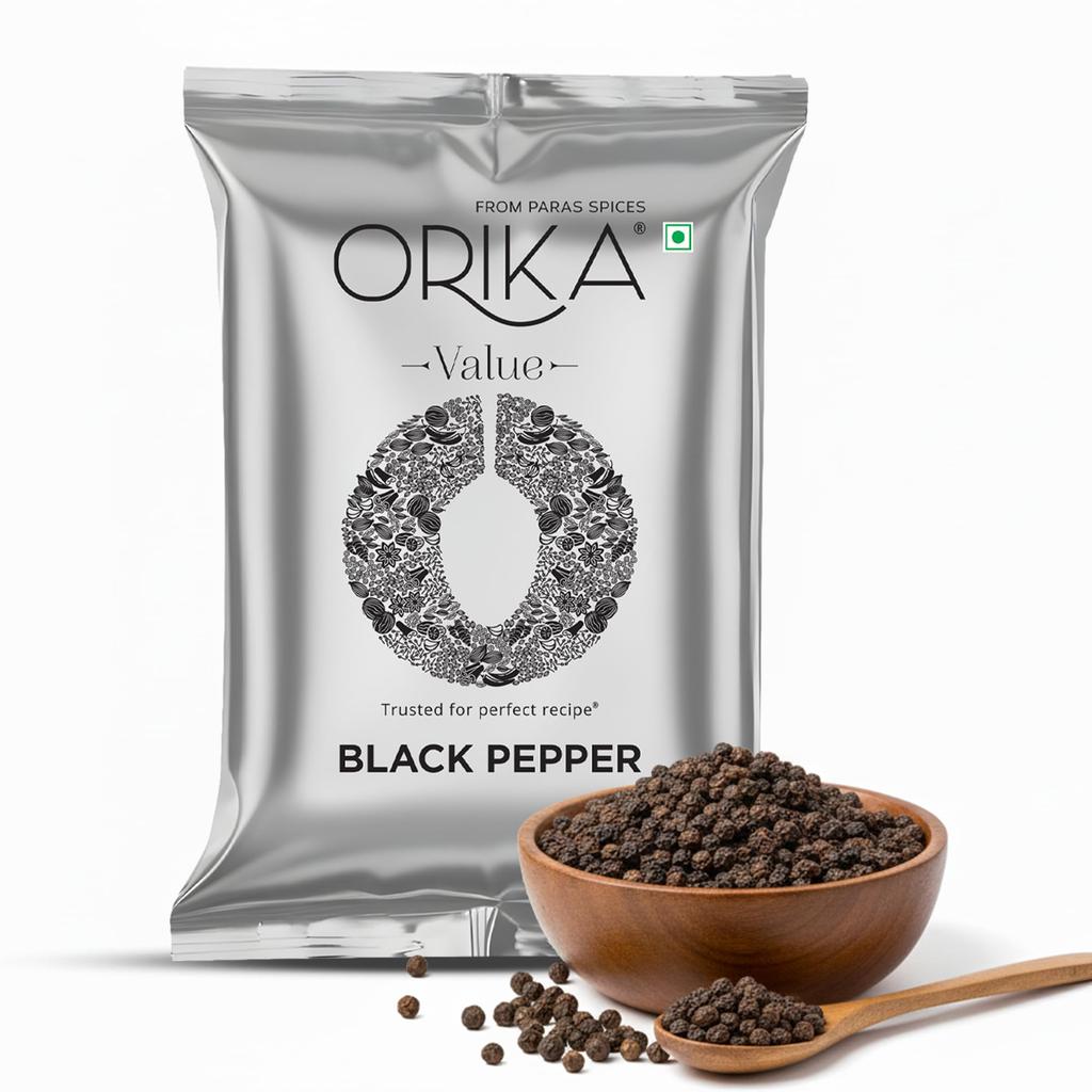 Orika Black Pepper Whole | Quality Kali Mirch | 100% Natural & Aromatic | Rich Flavor & Strong Aroma | Hygienically Packed