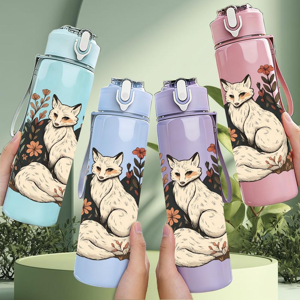 1PC Floral Fox Portrait Art 750ml Color Plastic Sports Water Bottle Leakproof Flip Straw Lid Suitable for Sports Office Home Use
