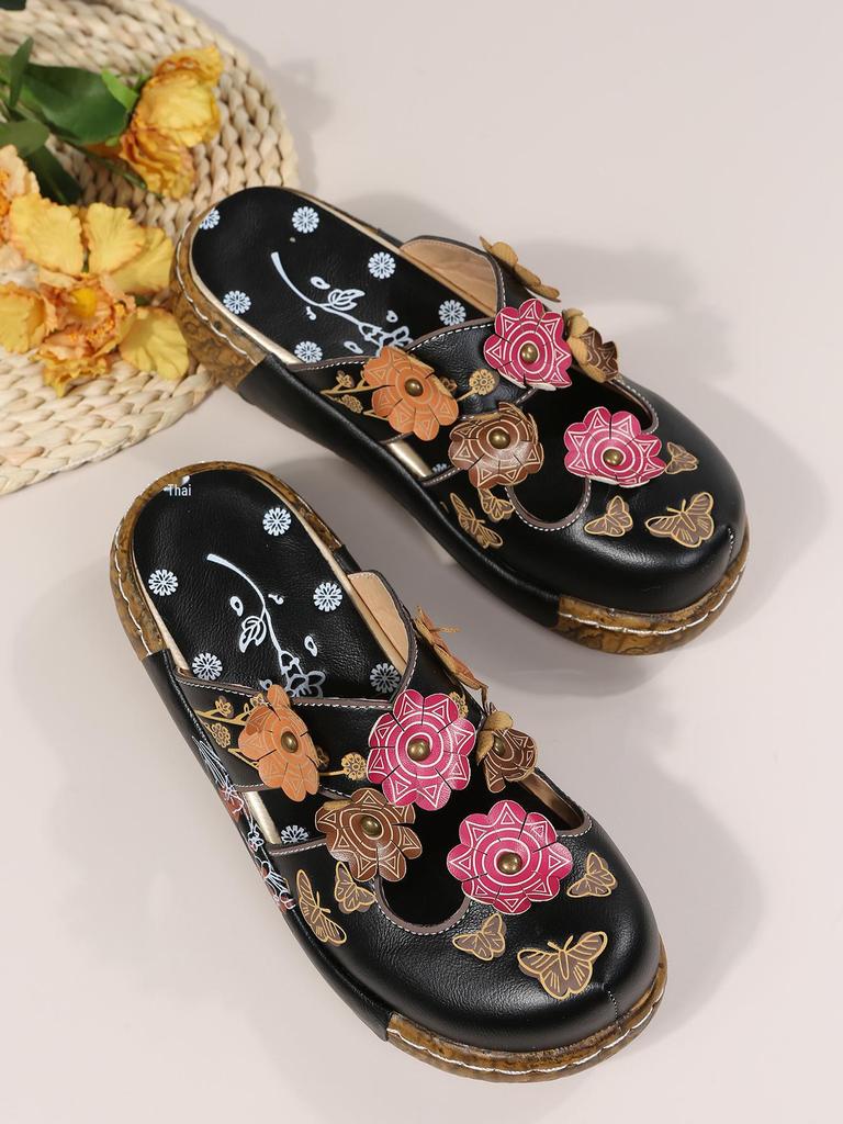 Women's Summer Ethnic Plum Blossom Platform Sandals with Thick Soles and Closed Toes, Non-Slip Design.