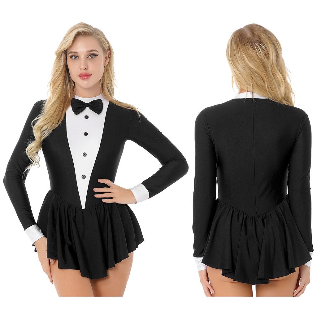 Women's Party Hostess Costume S-XXL: Stylish Contrast Tuxedo Dress Featuring Bow Buttons and Long Sleeve Ruffle Cuffs