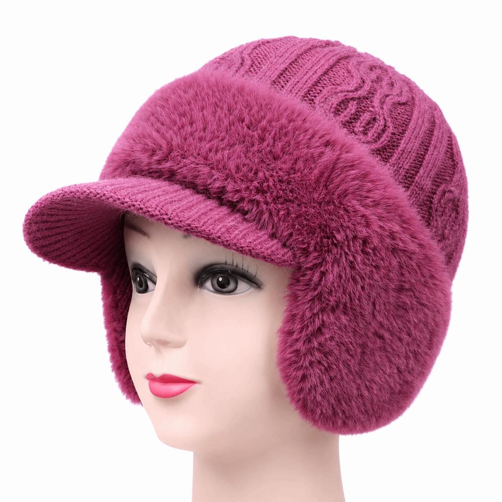 Windproof Women's Winter Hat Faux Rabbit Fur Knit Visor Beanie Autumn Winter Outdoor