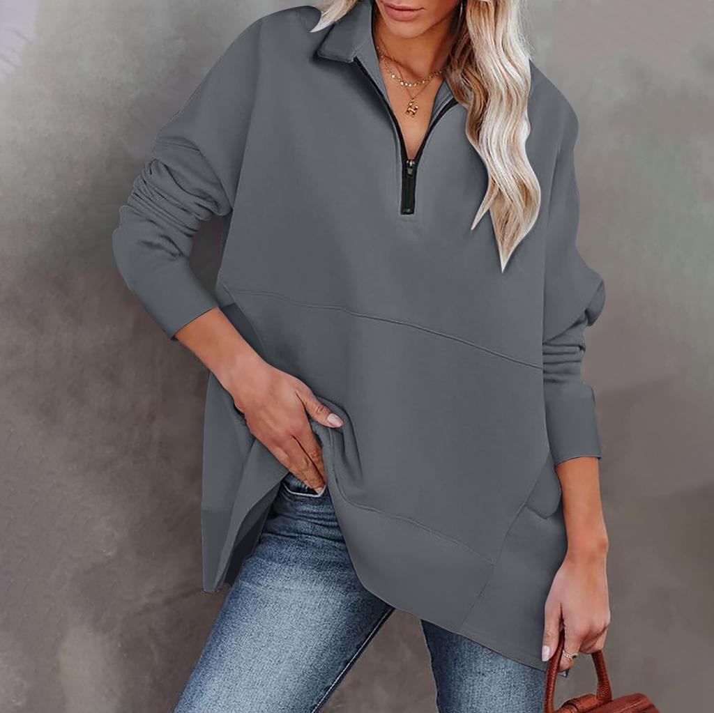 Женская повседневная спортивная рубашка оверсайз на половинной молнии, сплошной цвет с длинными рукавами и карманным пуловером, топ