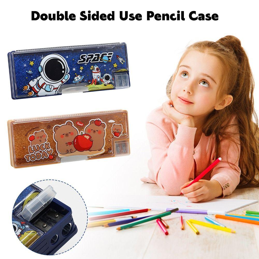 Double Sided Use Pen Box Quicksand Decor Stationery Organizer New Stationery Box  School Office