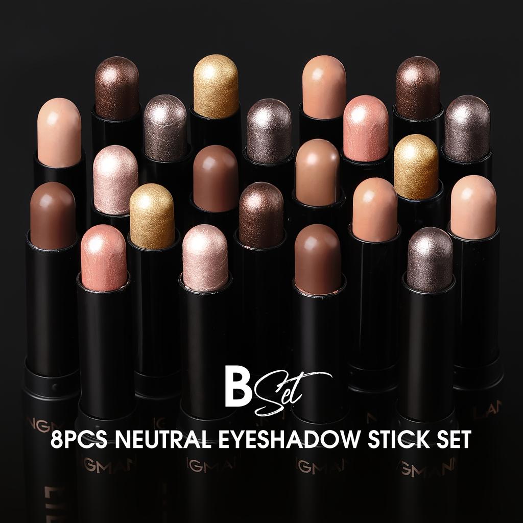 8-Color Waterproof Eyeshadow Stick Set - Long-Lasting, High Pigmentation, Shimmer & Matte, Neutral Brown Tones, Plant Squalane