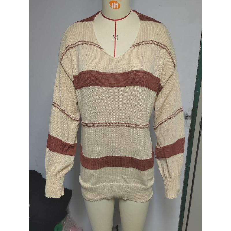 Плюс Размер Нижняя Рубашка Длинный Рукав Трикотаж Женский Осенний Полосатый Пуловер V-образный Вырез Полосатый Свитер