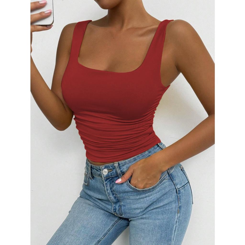 Women's Sleeveless Camisole Vest with Square Neckline, Casual Basic Style, Exposed Navel Top