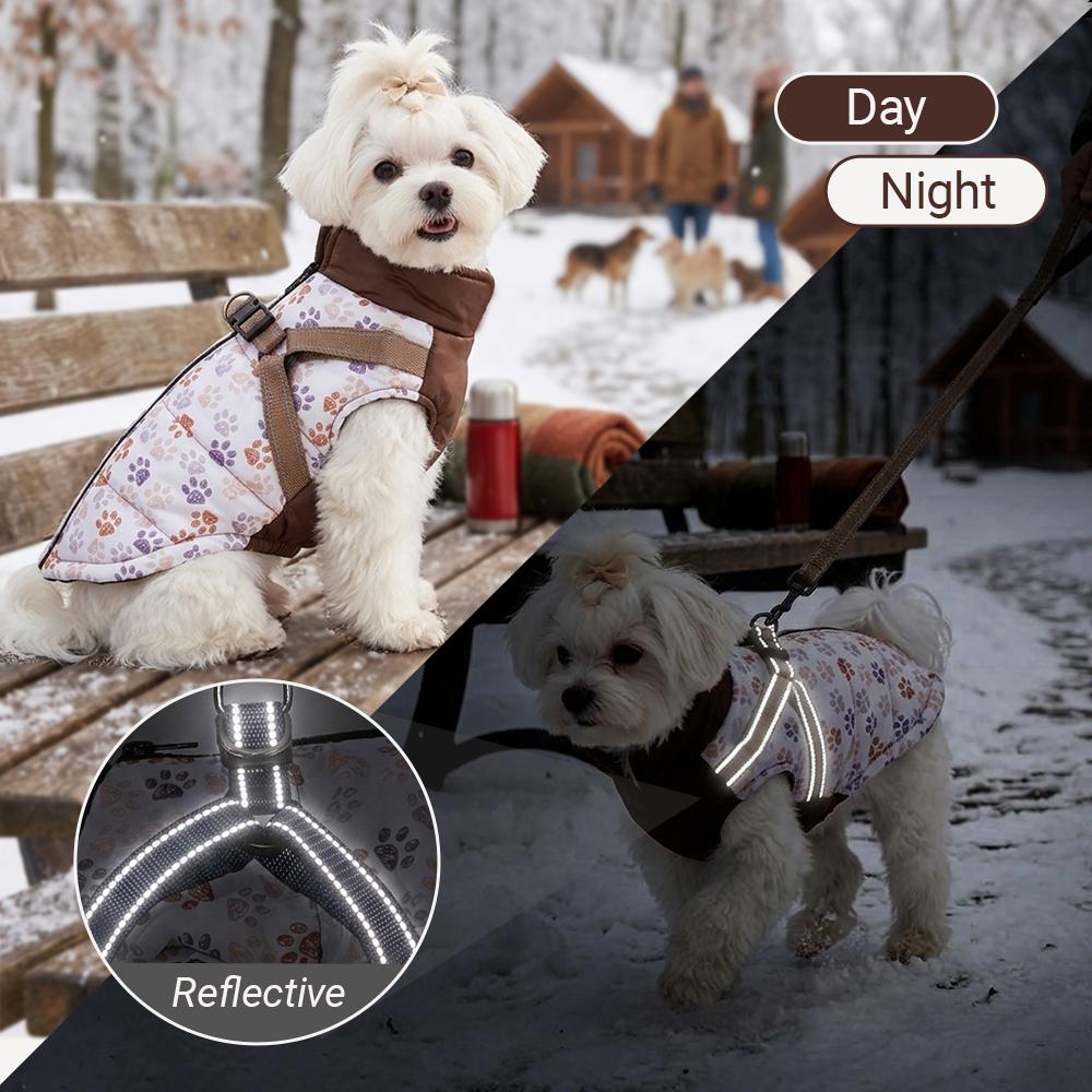 Cute Dog Clothes Winter Warm Dog Vest Coat Windproof Pet Harness Jacket Paw Printed Reflective Clothes for Small Dogs Schnauzer