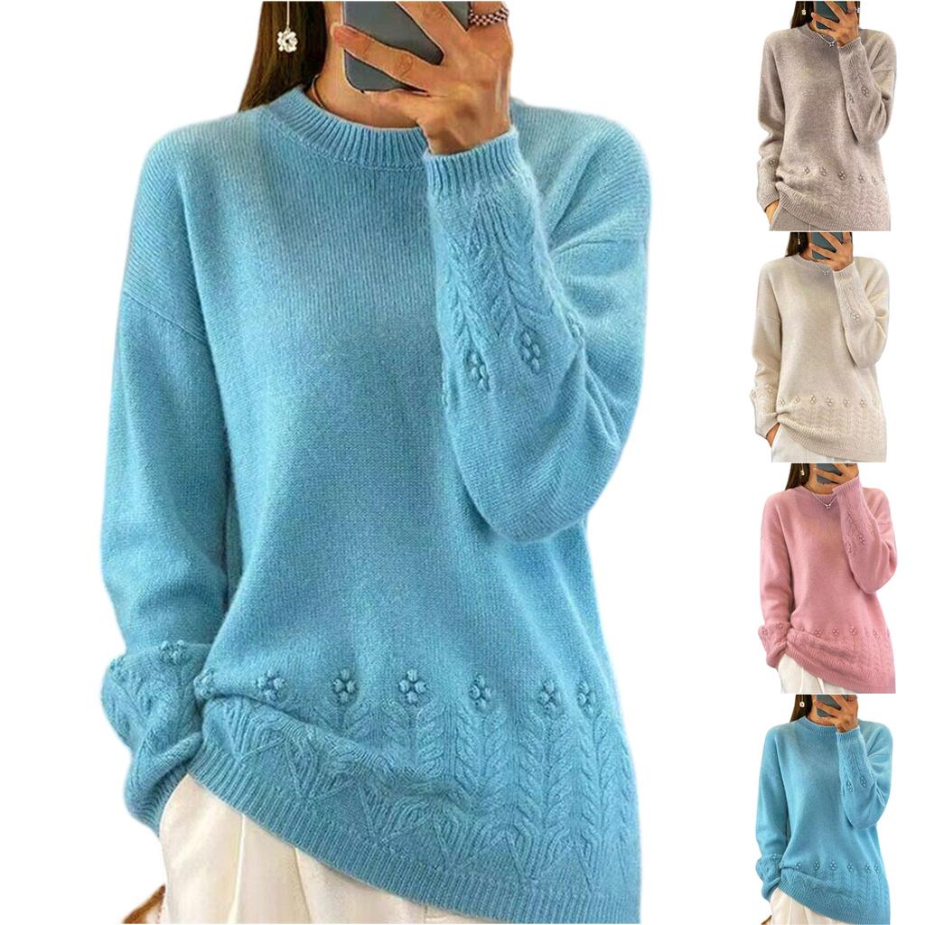 Women's Fashion Casual Solid Color Round Neck Long Sleeve Sweater Top