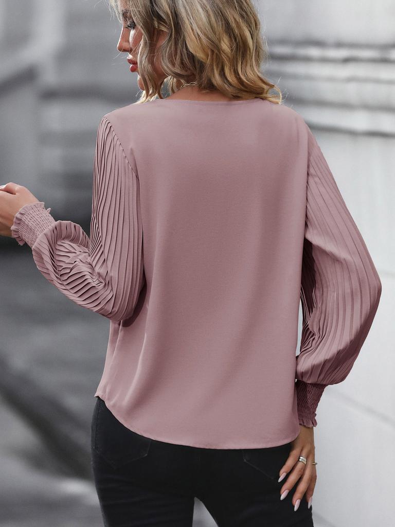 2025 Women's Solid Color Shirt with Pleated Lantern Sleeves Casual Office Tops for Spring Autumn Hot Sale