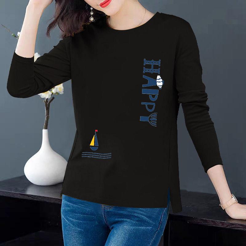 Женская футболка Slim Fit из хлопка с принтом и длинными рукавами - Круглый вырез, разрез по низу