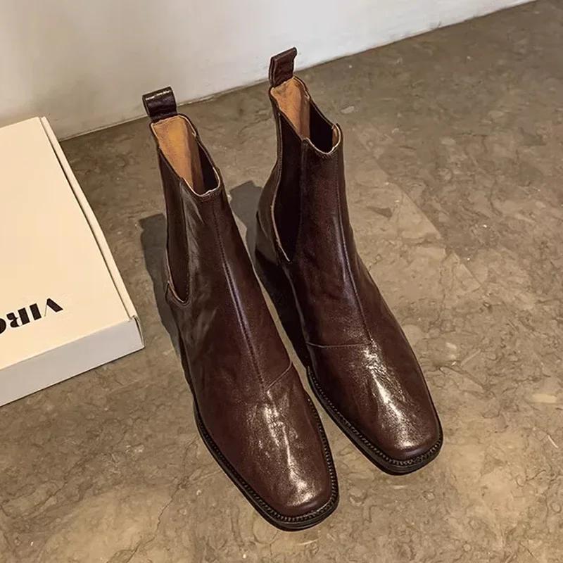 Fashion Square High Heel Women Chelsea Boots Fashion Slip On Shoes Retro Style Autumn Winter Square Toe Ladies Short Booties