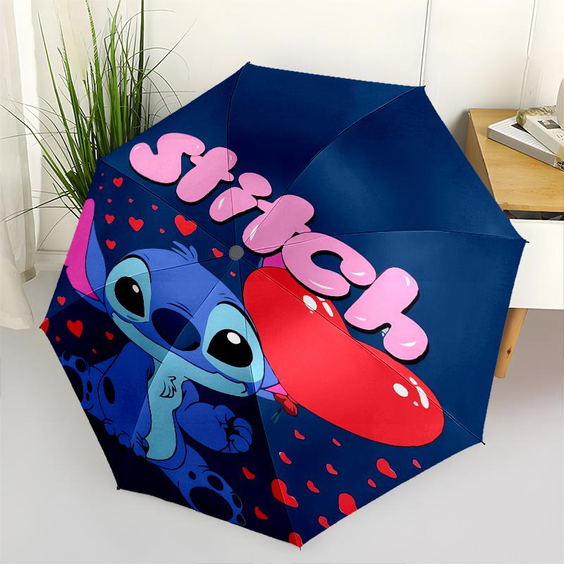 Stitch,Heart Themed Automatic Opening and Closing Folding Umbrella, Reinforced 8 Ribs, Compact Travel Design, Fashionable Folding Umbrella,
