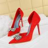 Fashion Elegant Banquet High Heels Thin Heels Shallow Mouth Pointed Toe Metal Buckle Velvet Side Empty Super High Heels Single Shoes