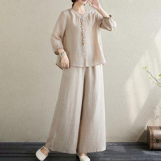 2 шт./комплект женский повседневный наряд круглый вырез рукава 3/4 вышитый цветочный узор рубашка широкие длинные брюки комплект повседневная одежда