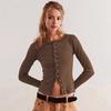 Women Knitting Tops Round Neck Long Sleeve Single Breasted Ribbed Tops Button Front Closure