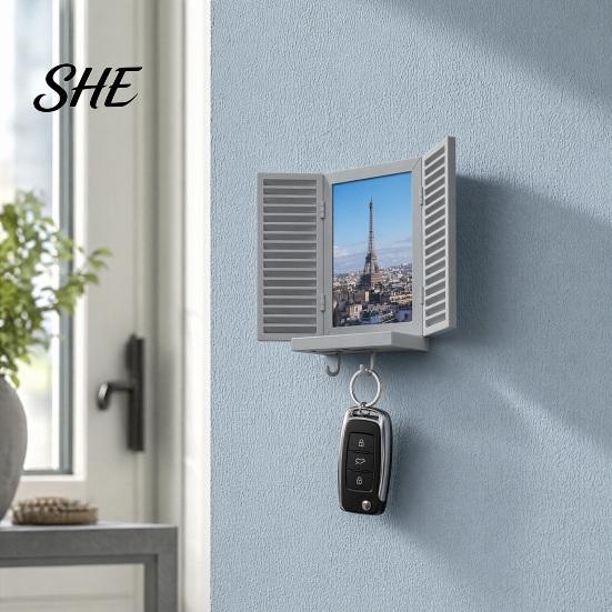 Functional Wall Decor Key Holder with Hidden Storage Shelf, Mediterranean-Style Window Frame Photo Personalized Display Stand, Entryway Organizer