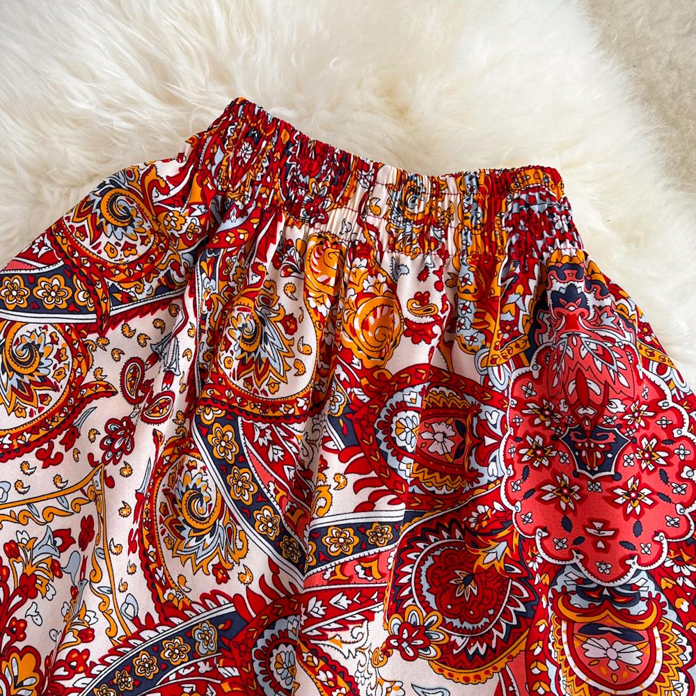 Summer Bohemian Vacation Beach Pants Elegant High Elastic Waist Wide Leg Printed Trouser Casual Flare Fladas New Fashion