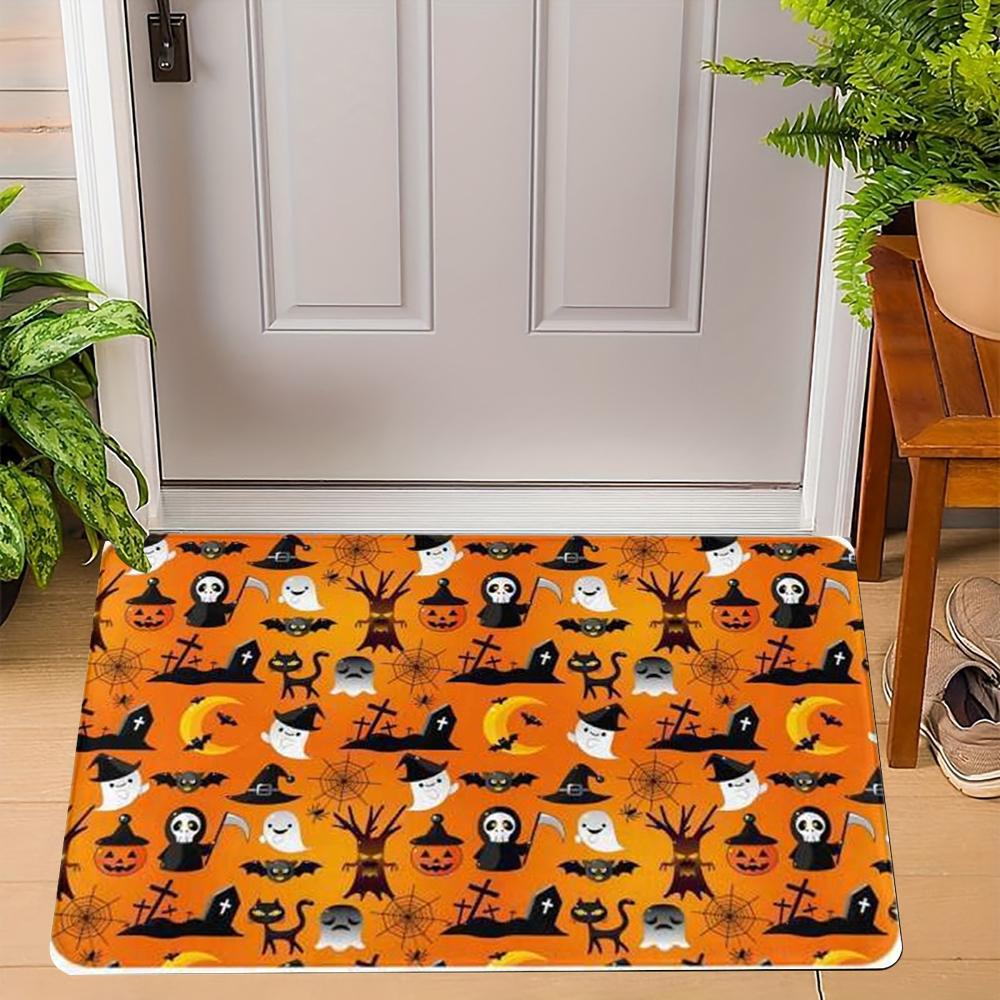 Fun Halloween Cartoon Non-Slip Indoor Carpet Rug Door Mat - Pumpkin Ghost Witch Cat Festive Home Decoration Welcome Mat