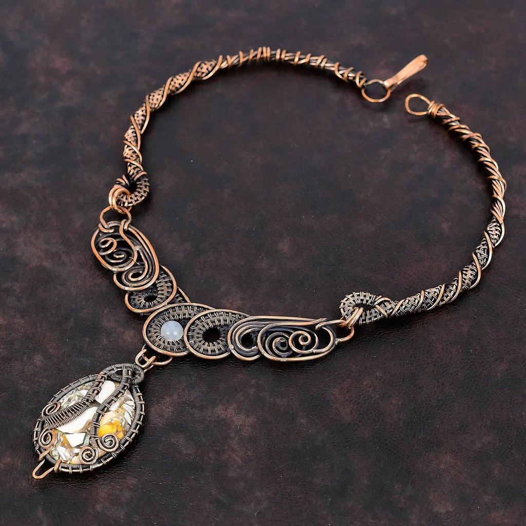 Ожерелье из брекчированного мукаита, ожерелье из медной проволоки, ожерелье из радужного лунного камня, ожерелье из драгоценных камней, изысканные медные украшения ручной работы, подарок на помолвку