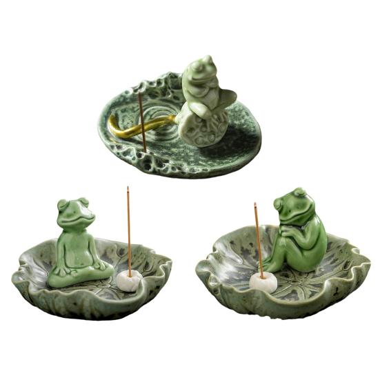Meditation Frog Incense Stick Holder Ceramics Lotus Leaf Sitting Frog