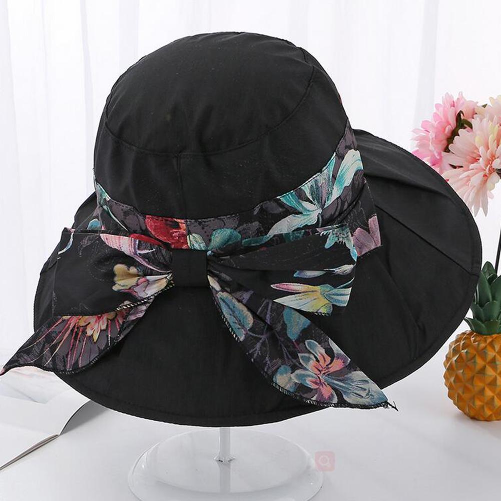 Female Summer Sun Hat Wide Brim Printing Bowknot Ribbon Foldable Soft Cap