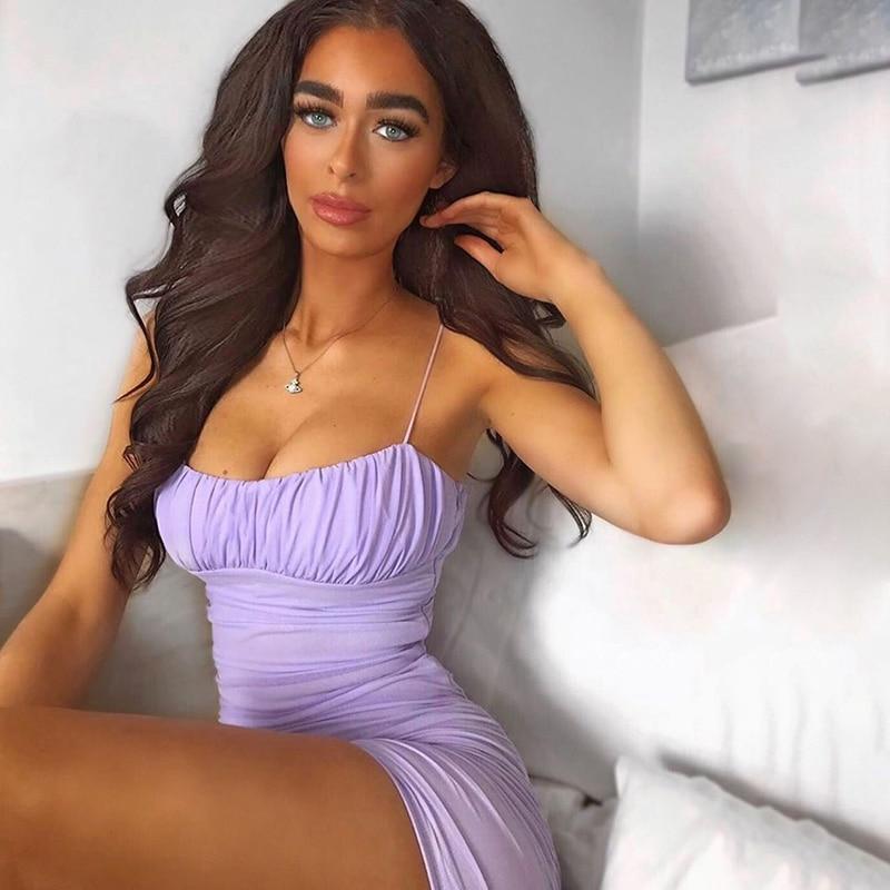 Fashion Ruched Party Dresses for Women Sling Sleeveless Purple Black Mini Dress Clubwear Slim Skinny Dress