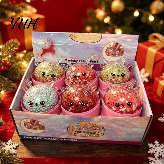 Glitter Core Sensory Toys Christmas Reindeer Bun Squeeze Toy, Slow Rising TPR Fidget Toy Elastic with Glitter, Holiday Decompression Gift, Party