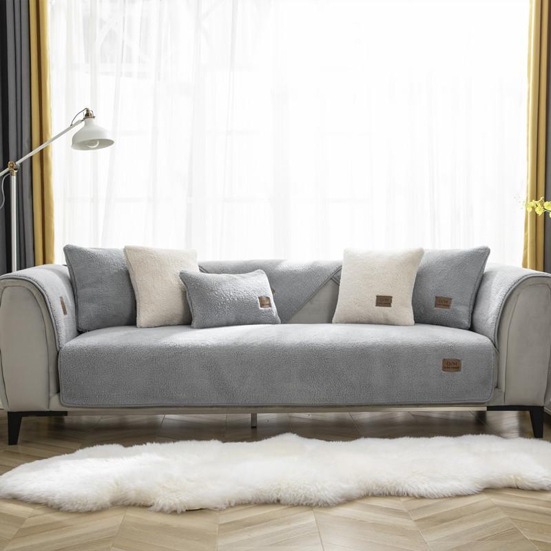 Winter New Solid Color Thickened Lamb Wool Sofa Cushion Modern Simple Non-Slip Sofa Seat Cushion Towel Cover