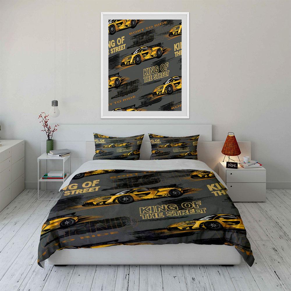 Golden Racing Car Streetwear Design kid's and adults' bedroom decor, Exquisite three-piece bedding set gift
