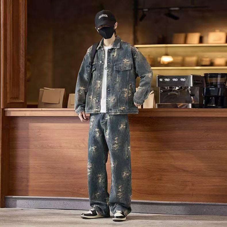Весна Осень Американский Джинсовый Комплект Пальто Классический Ретро Ковбойские Джинсы Модные Костюмы-Двойки Универсальная Верхняя Одежда Повседневная Куртка