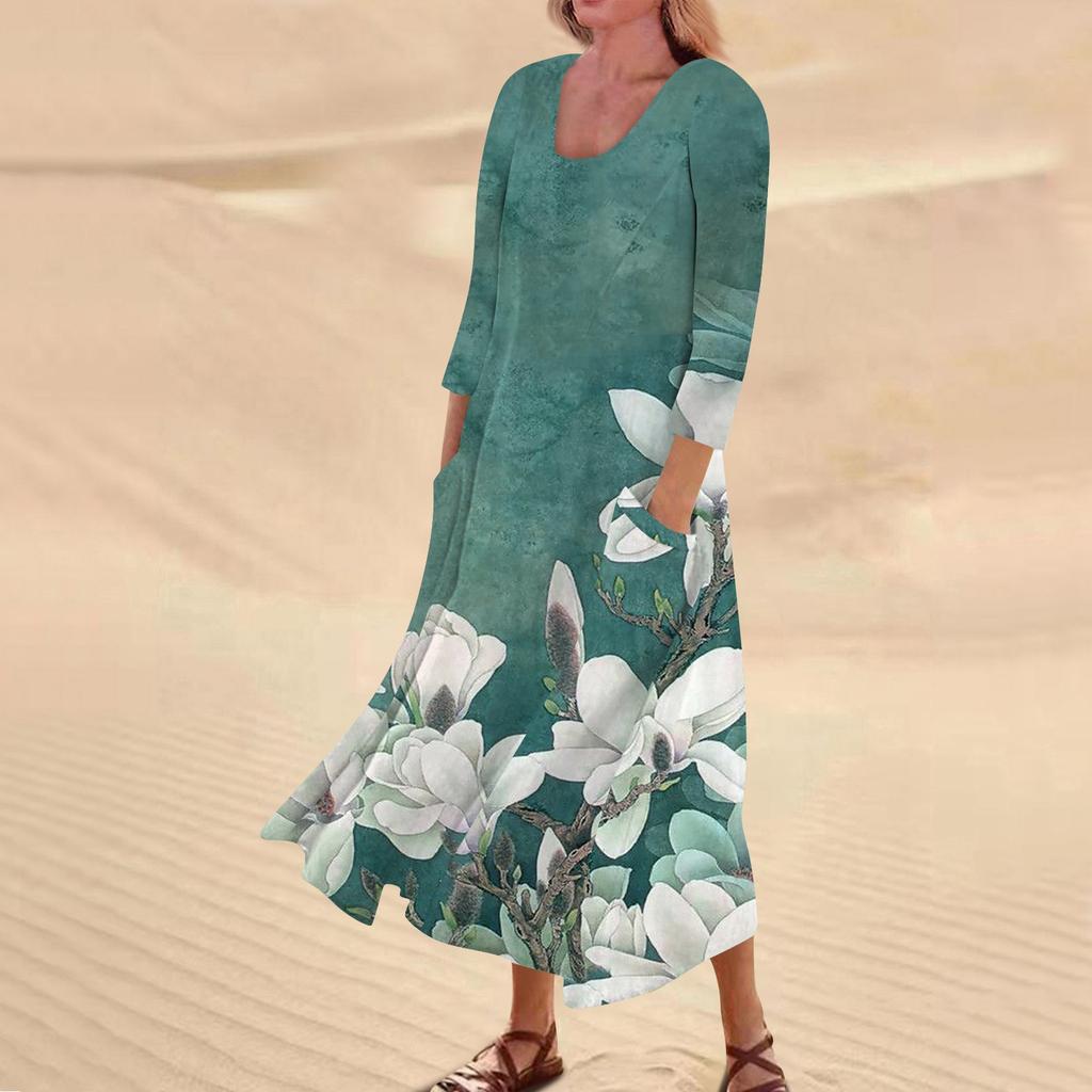 Женское повседневное модное удобное платье с карманами и рукавами 3/4 с принтом