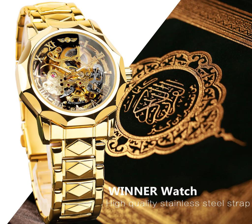 Полигональные мужские механические часы Fashiona Hollowed Out Automatic Watch из нержавеющей стали Skeleton Wristwatches Gold Color Relojes