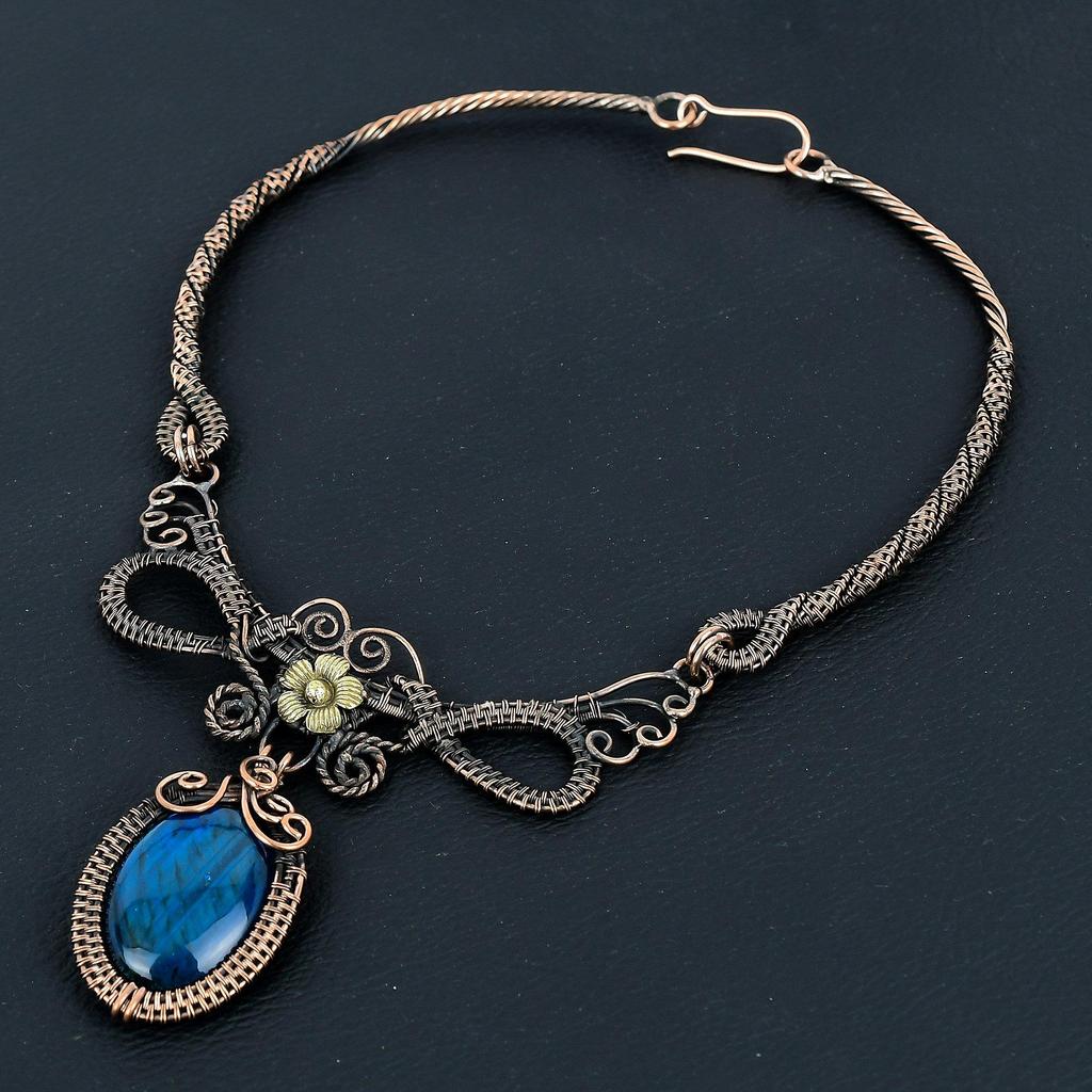 Neon Flash Labradorite Necklace Handmade Jewelry, 999 Copper Wire Wrapped Necklace Designer Gemstone Jewelry Adjustable Chain Necklace Gift For Mom