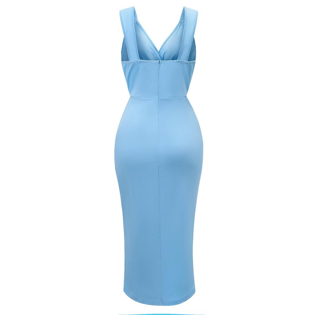 Women Spring Solid Color V-Neck Sleeveless Dress Summer Casual A-Line High Waist Irregular Split Middle Long Dresses S-XL