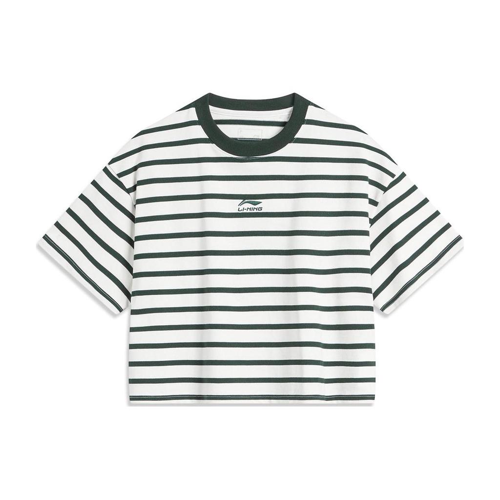 Li-Ning Футболка Weekend Youth в полоску с коротким рукавом и заниженной линией плеч, женские топы, цвет: белый, винтажно-зеленый AHSU720-2